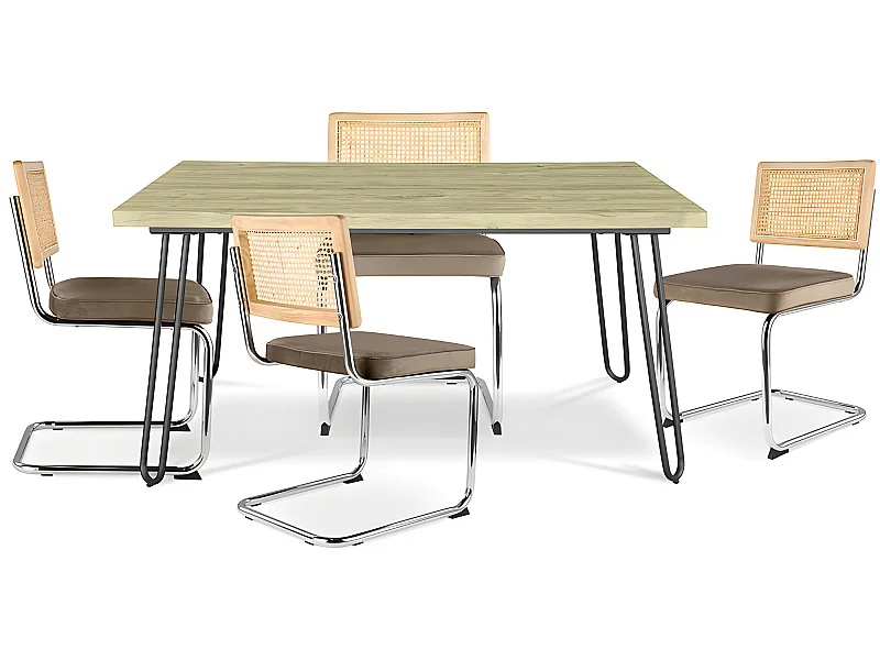 Pack Mesa de Comedor Diseño Industrial 120cm & 4 Sillas de Comedor de Ratán - Tapizado en Terciopelo - Martha