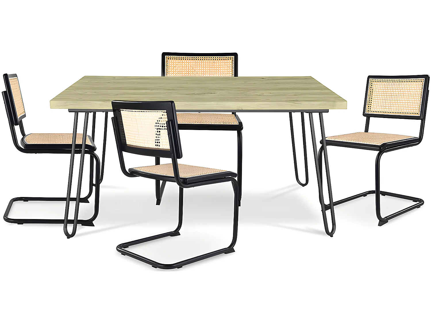 Pack Tavolo da pranzo di design industriale 120cm e 4 sedie da pranzo in rattan - Bastral