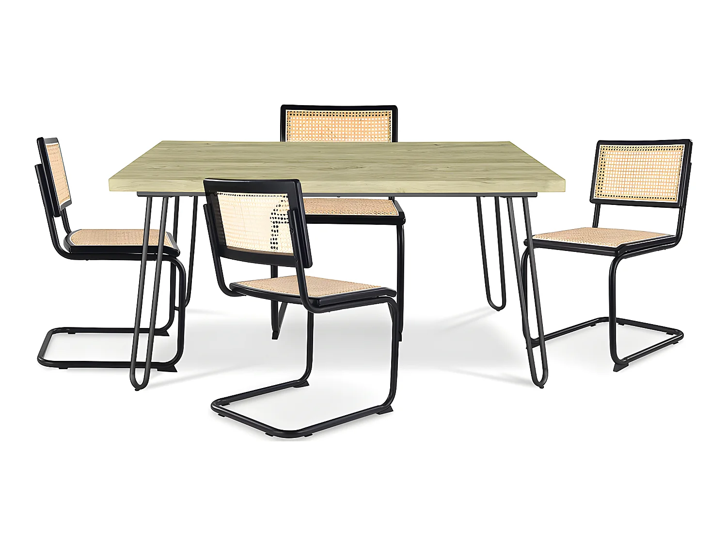Pack Tavolo da pranzo di design industriale 120cm e 4 sedie da pranzo in rattan - Bastral