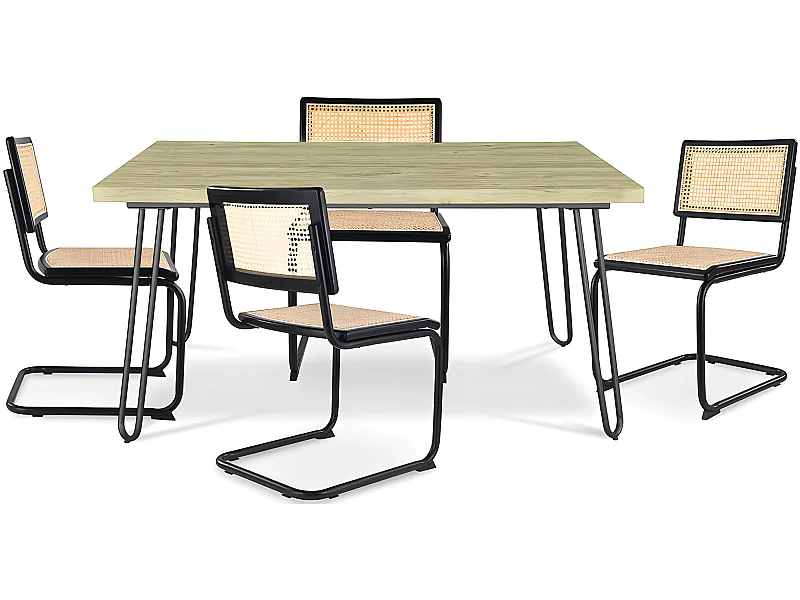 Pack Mesa de Comedor Diseño Industrial 120cm & 4 Sillas de Comedor de Ratán - Bastral