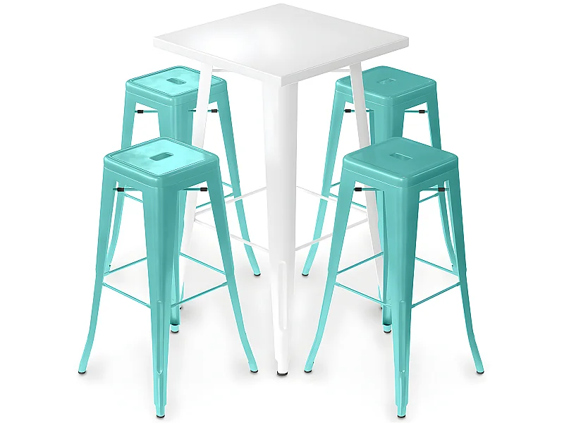 Pack Tabouret de Table Blanc et Pack de 4 Tabourets de Bar - Design Industriel - Métal - Nouvelle Edition - Bistrot Stylix Vert pastel