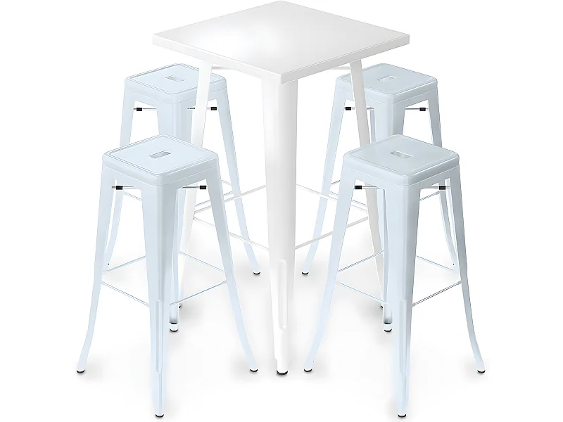 Pack Tabouret de Table Blanc et Pack de 4 Tabourets de Bar - Design Industriel - Métal - Nouvelle Edition - Bistrot Stylix Bleu gris