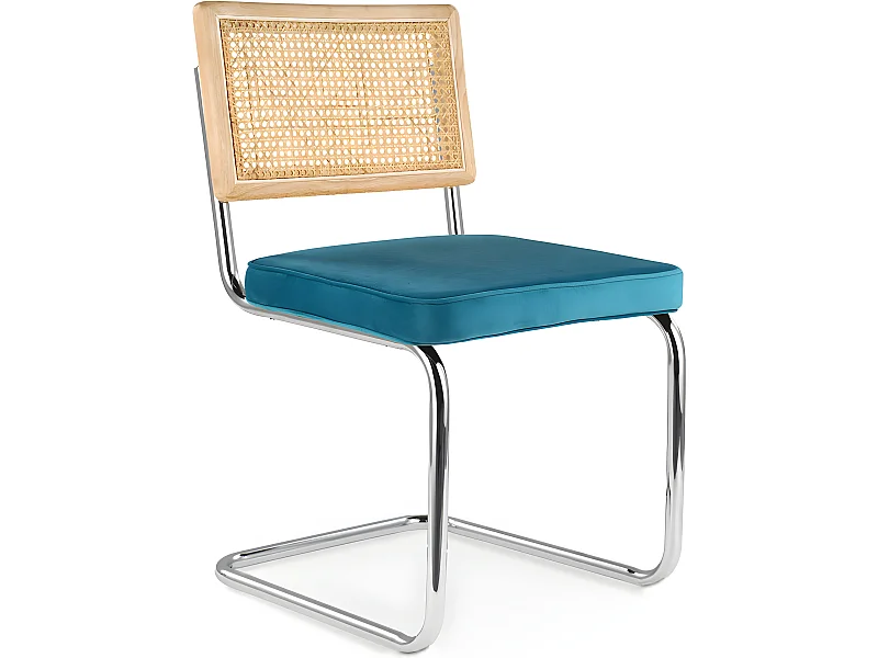 Chaise de salle à manger - tapissée de velours - Bois et rotin - Martha Turquoise