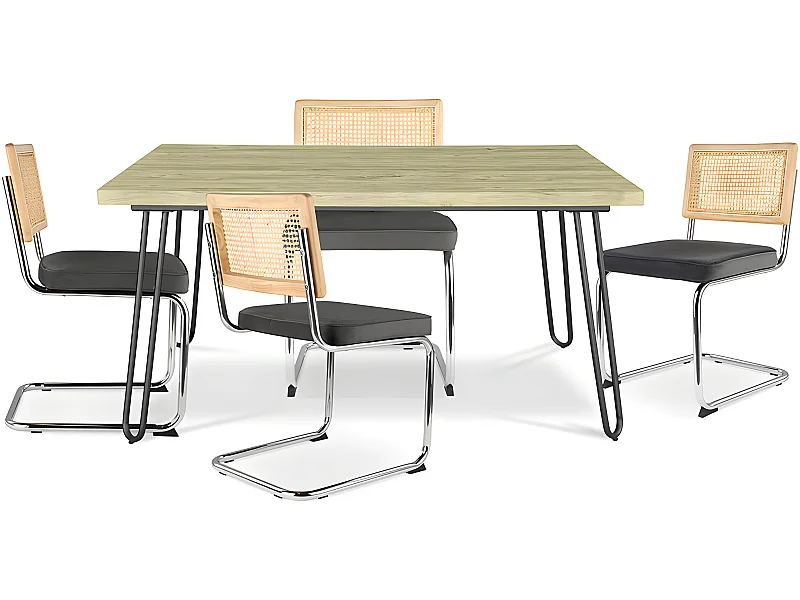Pack Esstisch im Industriedesign 120cm & 4 Rattan-Esszimmerstühle - Samtpolsterung - Martha