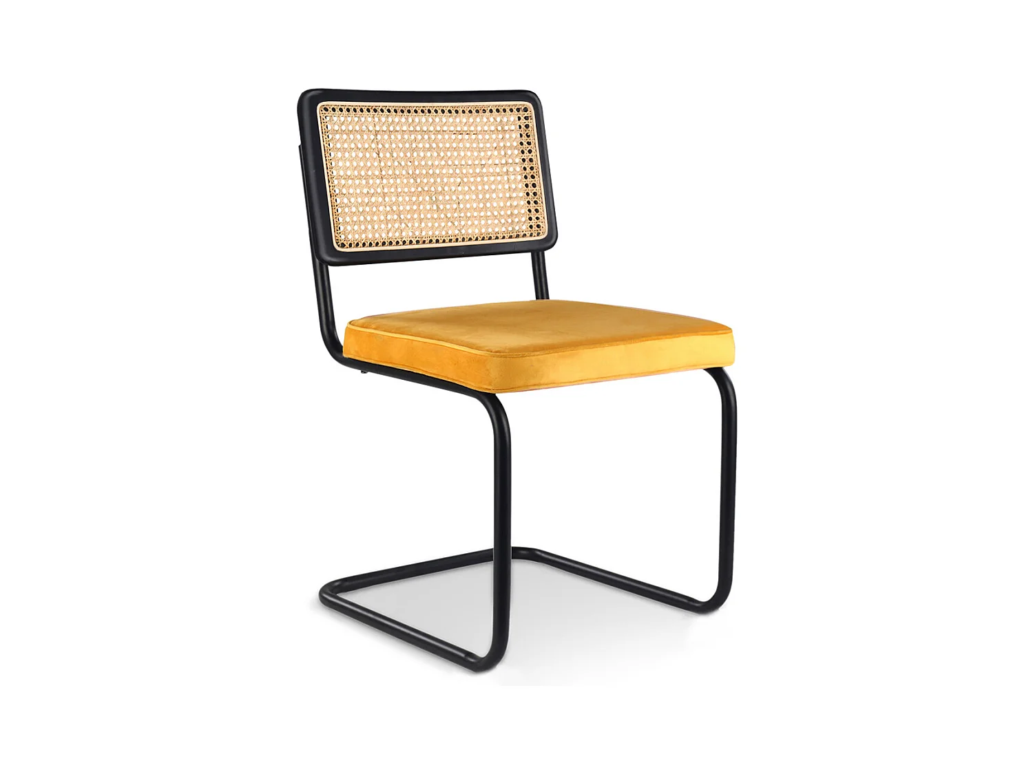 Chaise de salle à manger - tapissée en velours - Bois et rotin - Puila Moutarde