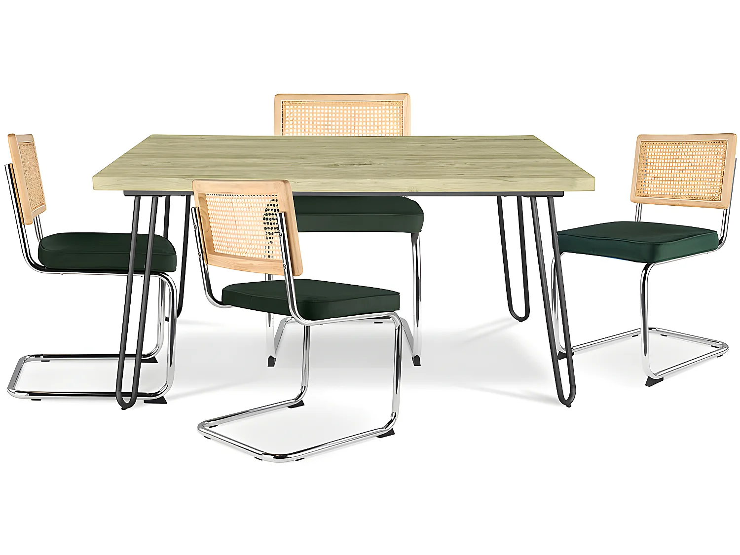 Confezione Tavolo da pranzo di design industriale 120cm e 4 sedie da pranzo in rattan - Rivestimento in velluto - Martha