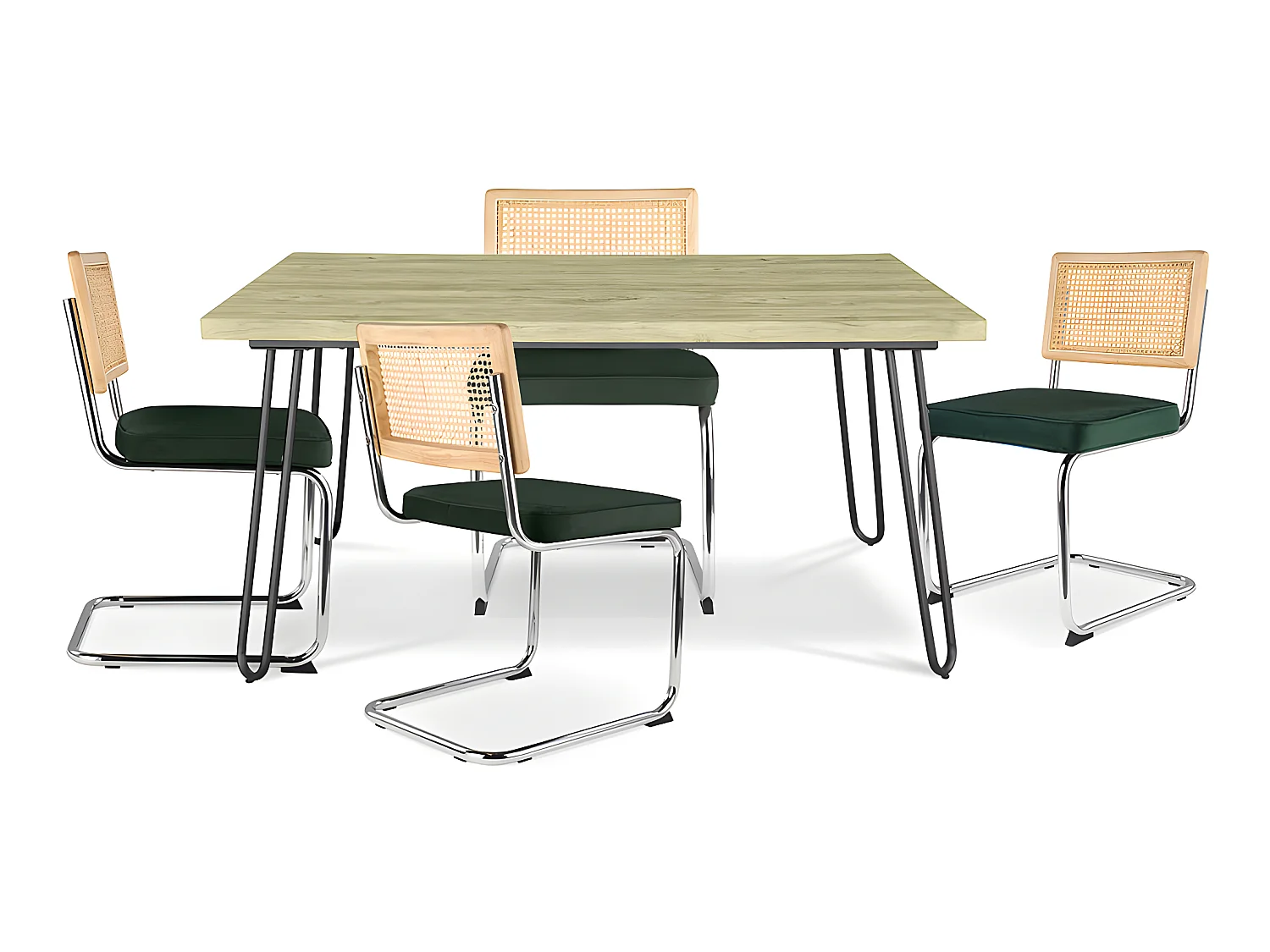Confezione Tavolo da pranzo di design industriale 120cm e 4 sedie da pranzo in rattan - Rivestimento in velluto - Martha