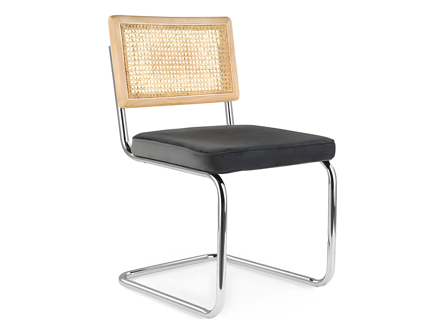Chaise de salle à manger - tapissée de velours - Bois et rotin - Martha Gris foncé