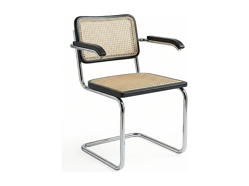 Chaise à manger avec accoudoirs - Design vintage - Bois et rotin - Bruna Noir