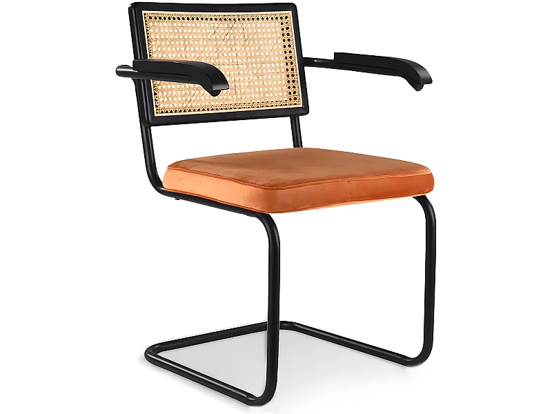 Sedia da pranzo con braccioli - Rivestita in velluto - Legno e rattan - Puila