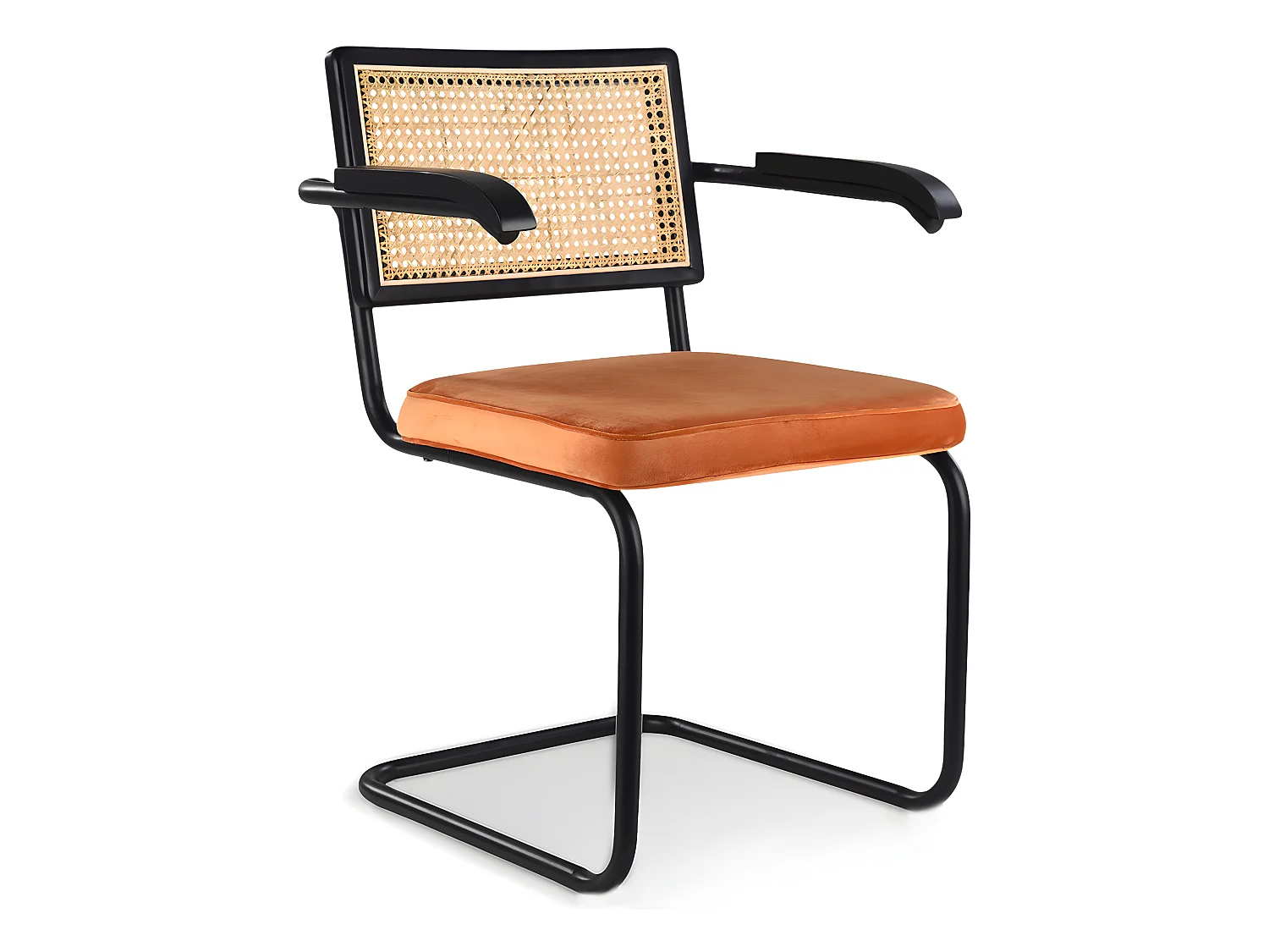 Chaise de salle à manger avec accoudoirs - tapissée de velours - bois et rotin - Puila Orange rougeâtre
