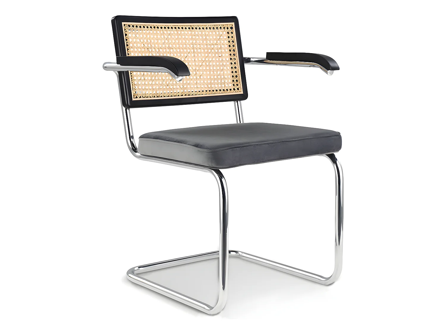 Chaise de salle à manger avec accoudoirs - Tapisserie en velours - Bois et rotin - Hyre Gris foncé