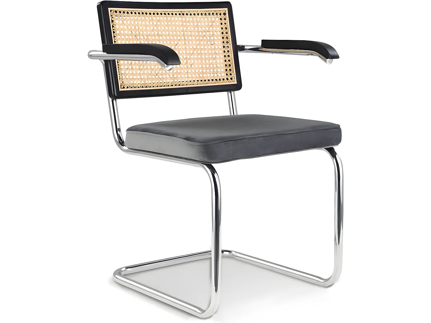 Chaise de salle à manger avec accoudoirs - Tapisserie en velours - Bois et rotin - Hyre Gris foncé