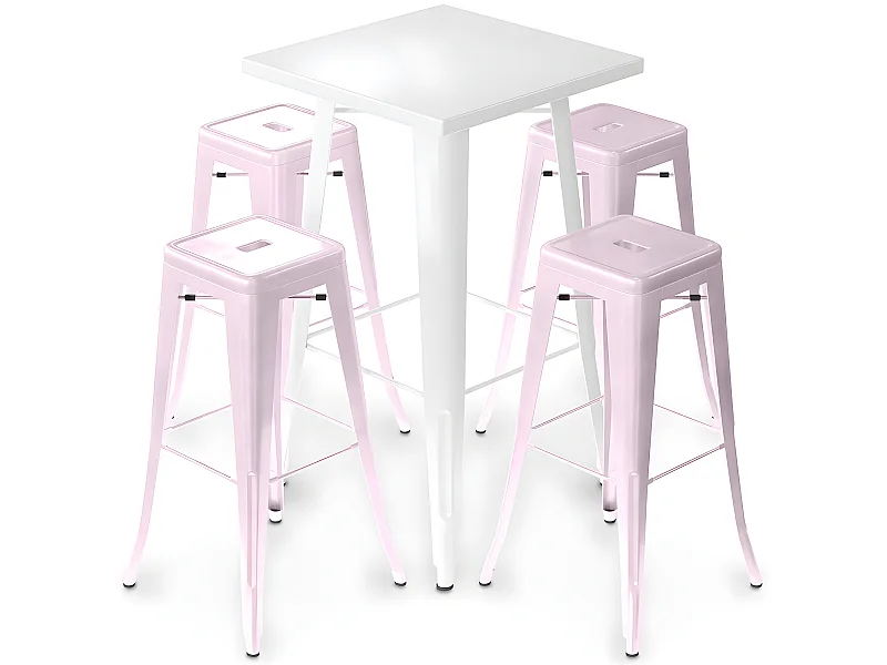 Pack Tabouret de Table Blanc et Pack de 4 Tabourets de Bar - Design Industriel - Métal - Nouvelle Edition - Bistrot Stylix Rose pâle