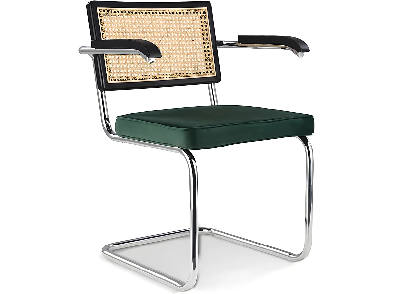 Silla de Comedor con Reposabrazos - Tapizado en Terciopelo - Madera y Ratán - Hyre