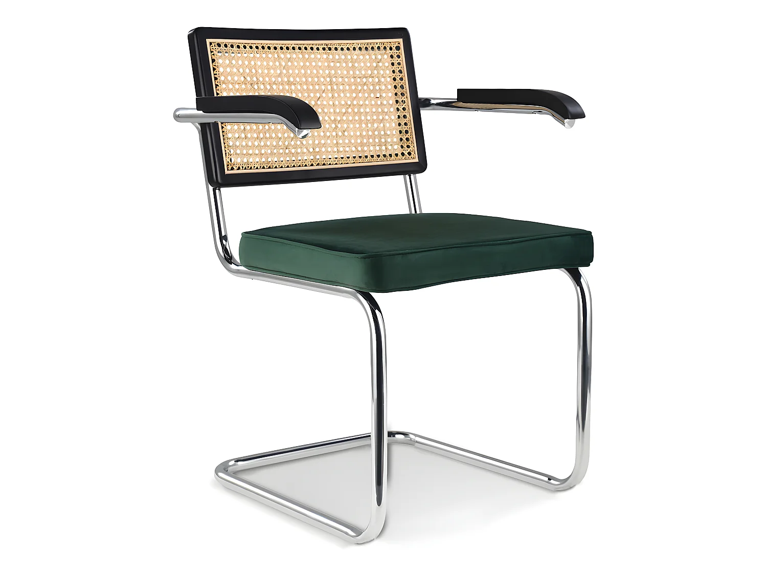 Chaise de salle à manger avec accoudoirs - Tapisserie en velours - Bois et rotin - Hyre Vert foncé