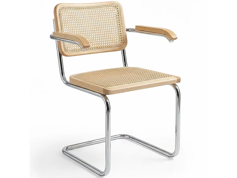 Chaise à manger avec accoudoirs - Design vintage - Bois et rotin - Bruna Naturel