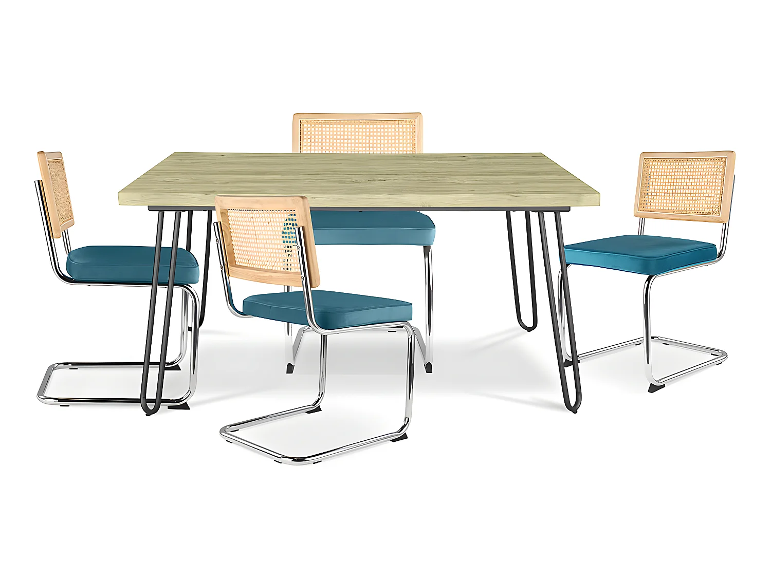 Confezione Tavolo da pranzo di design industriale 120cm e 4 sedie da pranzo in rattan - Rivestimento in velluto - Martha
