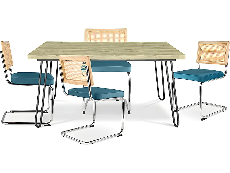 Pack Mesa de Comedor Diseño Industrial 120cm & 4 Sillas de Comedor de Ratán - Tapizado en Terciopelo - Martha