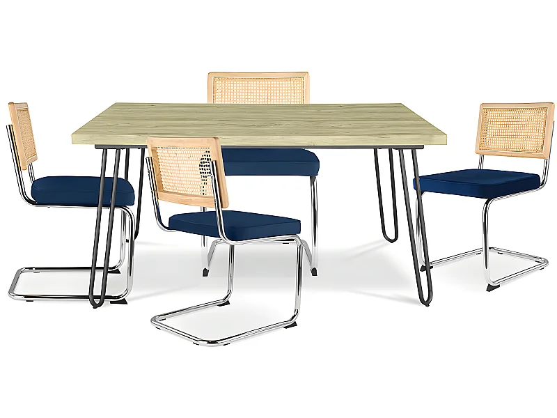 Pack Esstisch im Industriedesign 120cm & 4 Rattan-Esszimmerstühle - Samtpolsterung - Martha