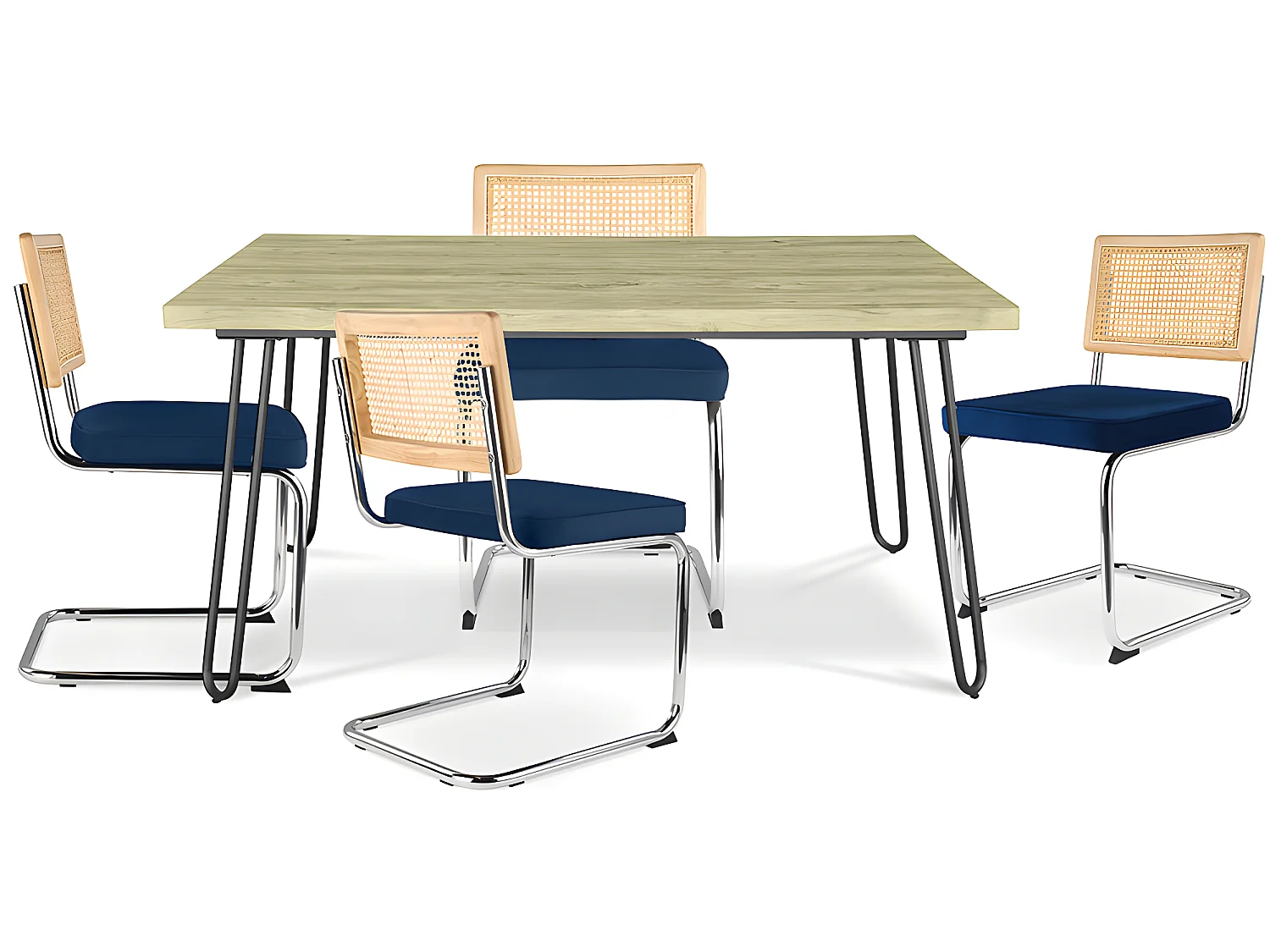 Confezione Tavolo da pranzo di design industriale 120cm e 4 sedie da pranzo in rattan - Rivestimento in velluto - Martha