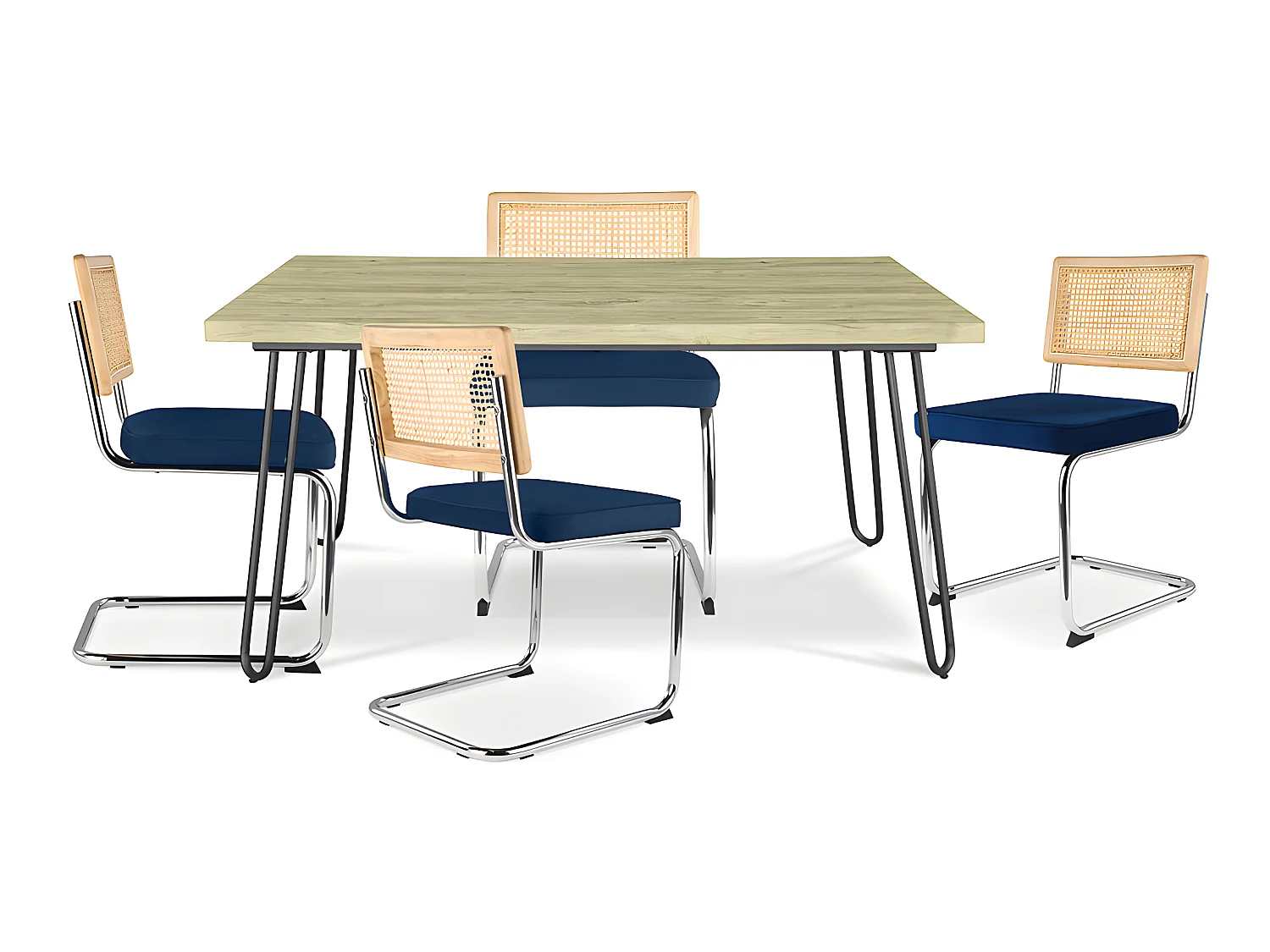 Confezione Tavolo da pranzo di design industriale 120cm e 4 sedie da pranzo in rattan - Rivestimento in velluto - Martha