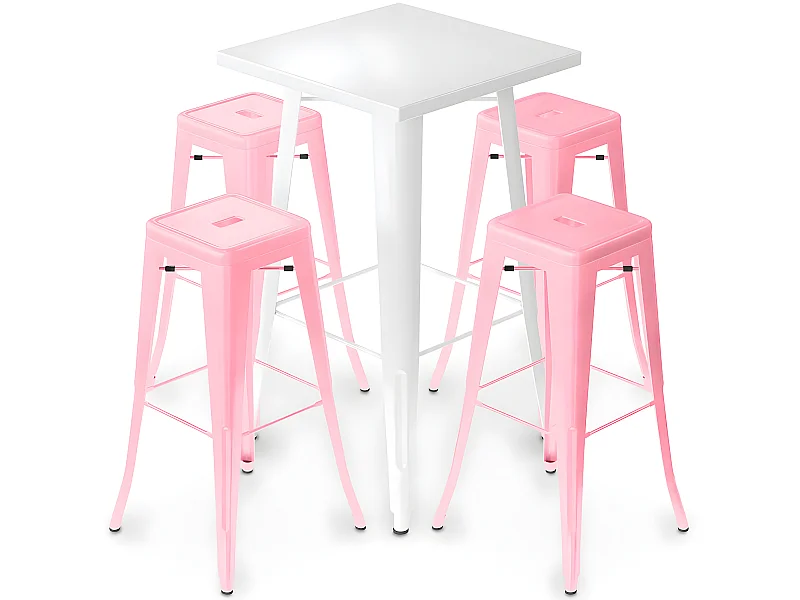 Pack Tabouret de Table Blanc et Pack de 4 Tabourets de Bar - Design Industriel - Métal - Nouvelle Edition - Bistrot Stylix Rose