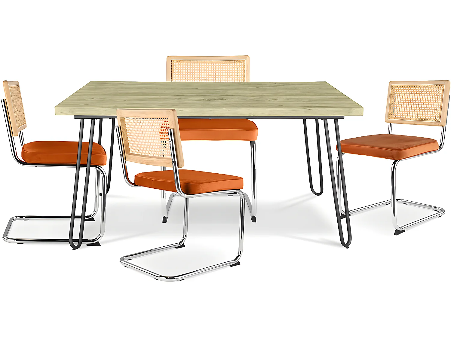 Confezione Tavolo da pranzo di design industriale 120cm e 4 sedie da pranzo in rattan - Rivestimento in velluto - Martha