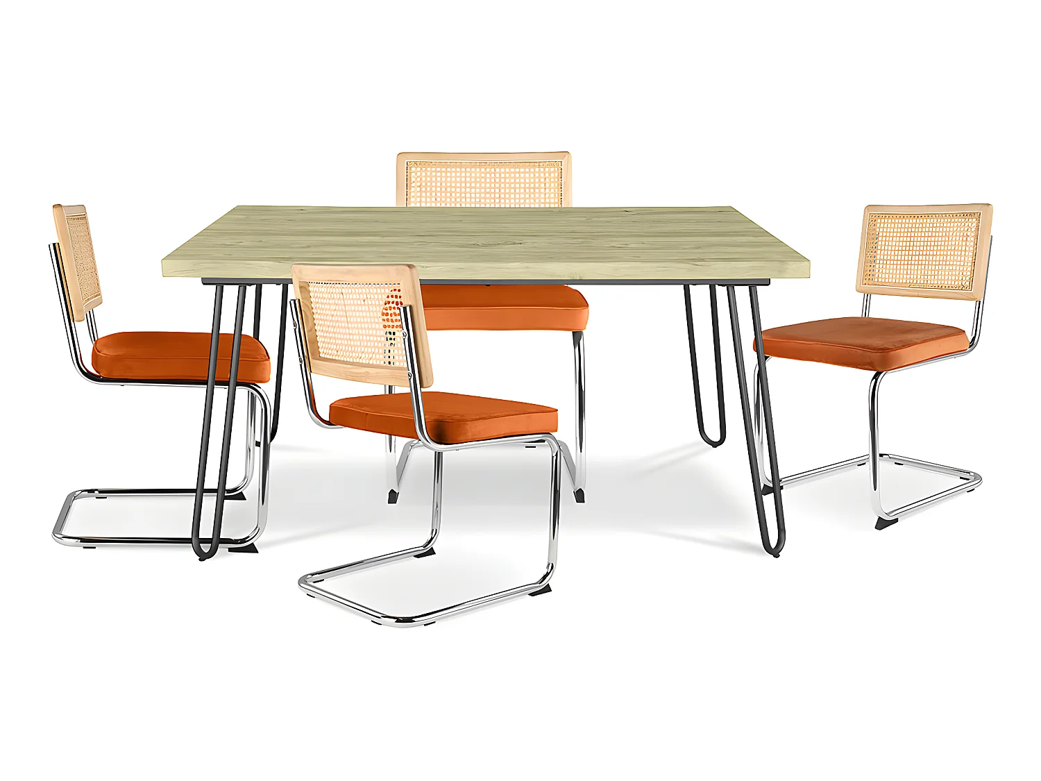 Confezione Tavolo da pranzo di design industriale 120cm e 4 sedie da pranzo in rattan - Rivestimento in velluto - Martha