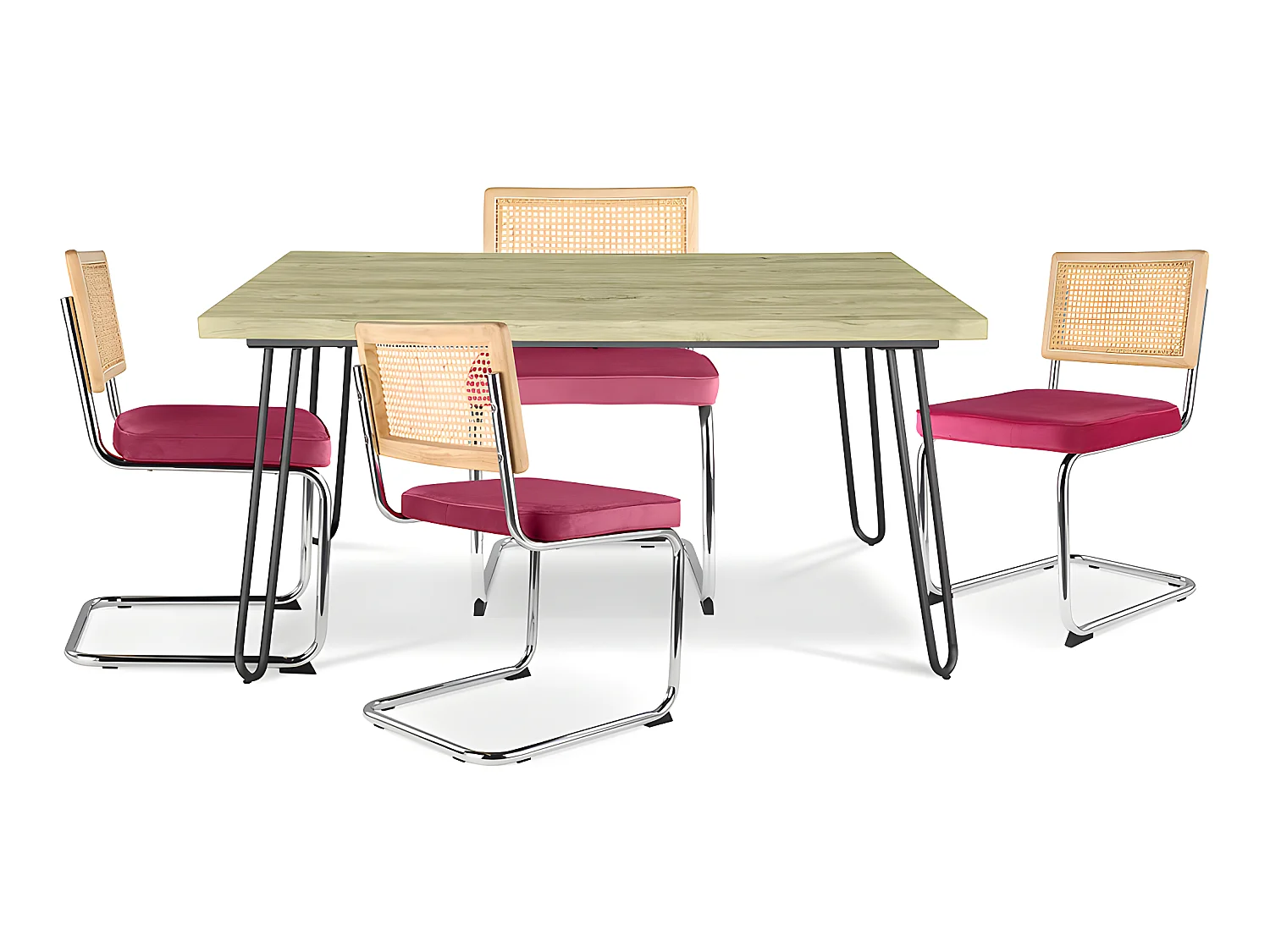 Confezione Tavolo da pranzo di design industriale 120cm e 4 sedie da pranzo in rattan - Rivestimento in velluto - Martha