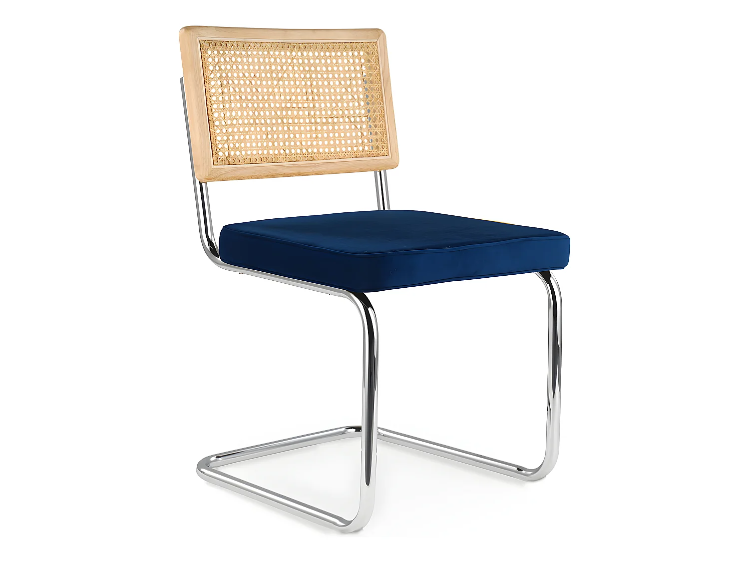 Chaise de salle à manger - tapissée de velours - Bois et rotin - Martha Bleu foncé