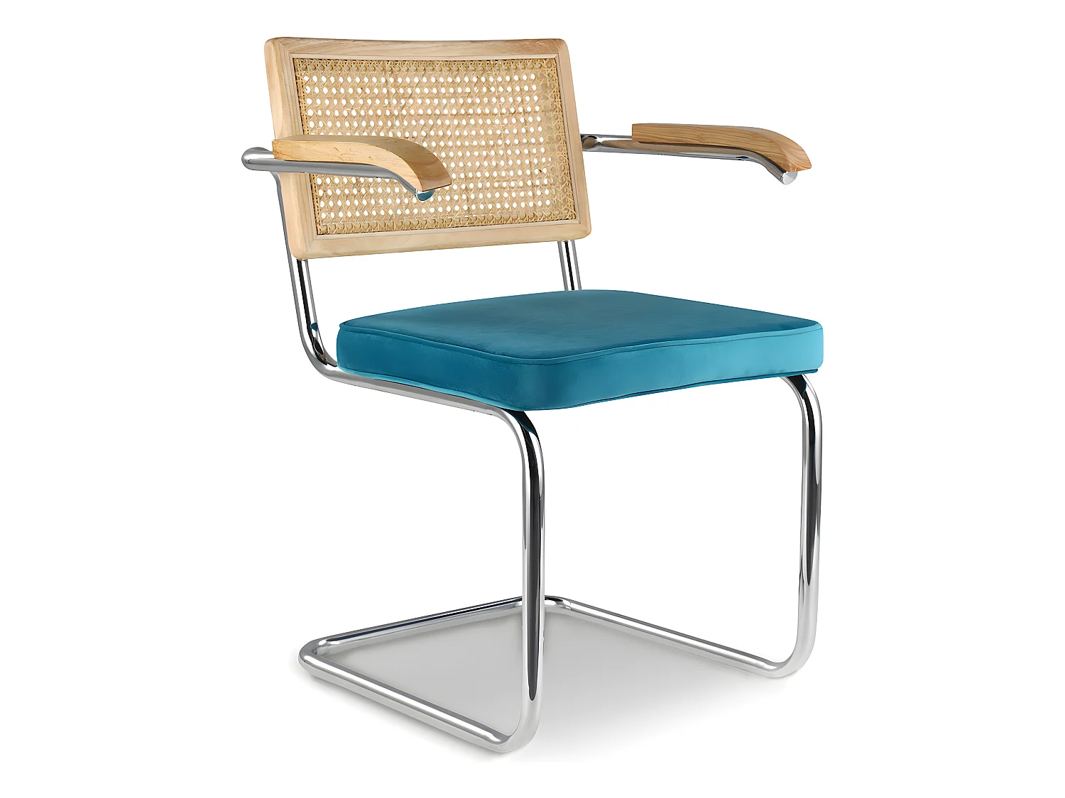 Chaise de salle à manger avec accoudoirs - Tapisserie en velours - Bois et rotin - Martha Turquoise