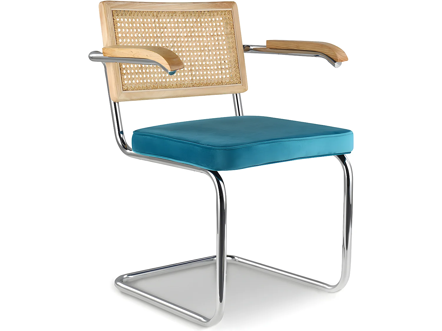 Chaise de salle à manger avec accoudoirs - Tapisserie en velours - Bois et rotin - Martha Turquoise