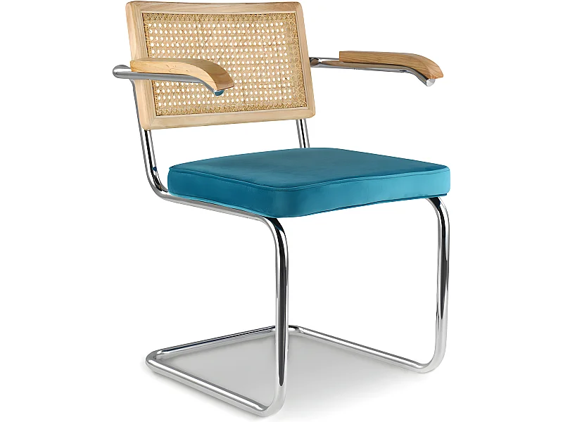 Chaise de salle à manger avec accoudoirs - Tapisserie en velours - Bois et rotin - Martha Turquoise