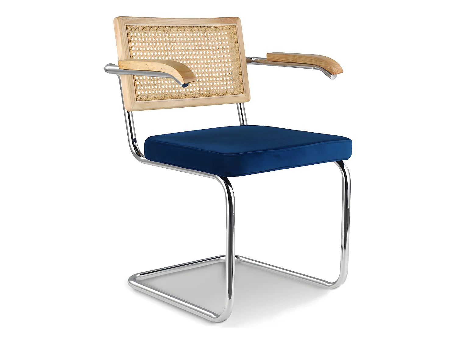 Chaise de salle à manger avec accoudoirs - Tapisserie en velours - Bois et rotin - Martha Bleu foncé
