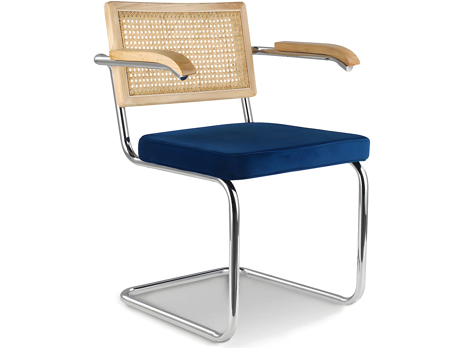 Chaise de salle à manger avec accoudoirs - Tapisserie en velours - Bois et rotin - Martha Bleu foncé