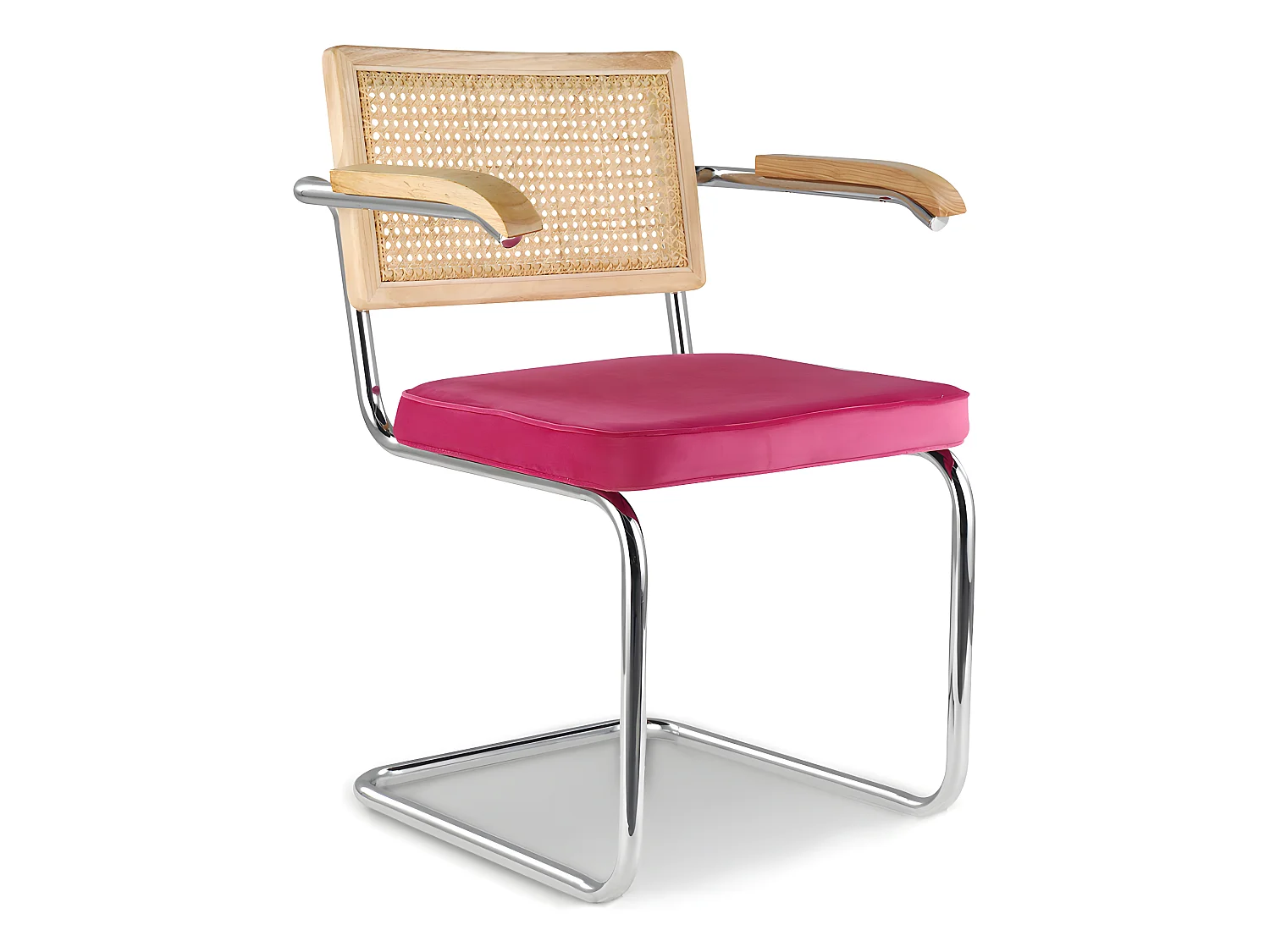 Chaise de salle à manger avec accoudoirs - Tapisserie en velours - Bois et rotin - Martha Fuchsia