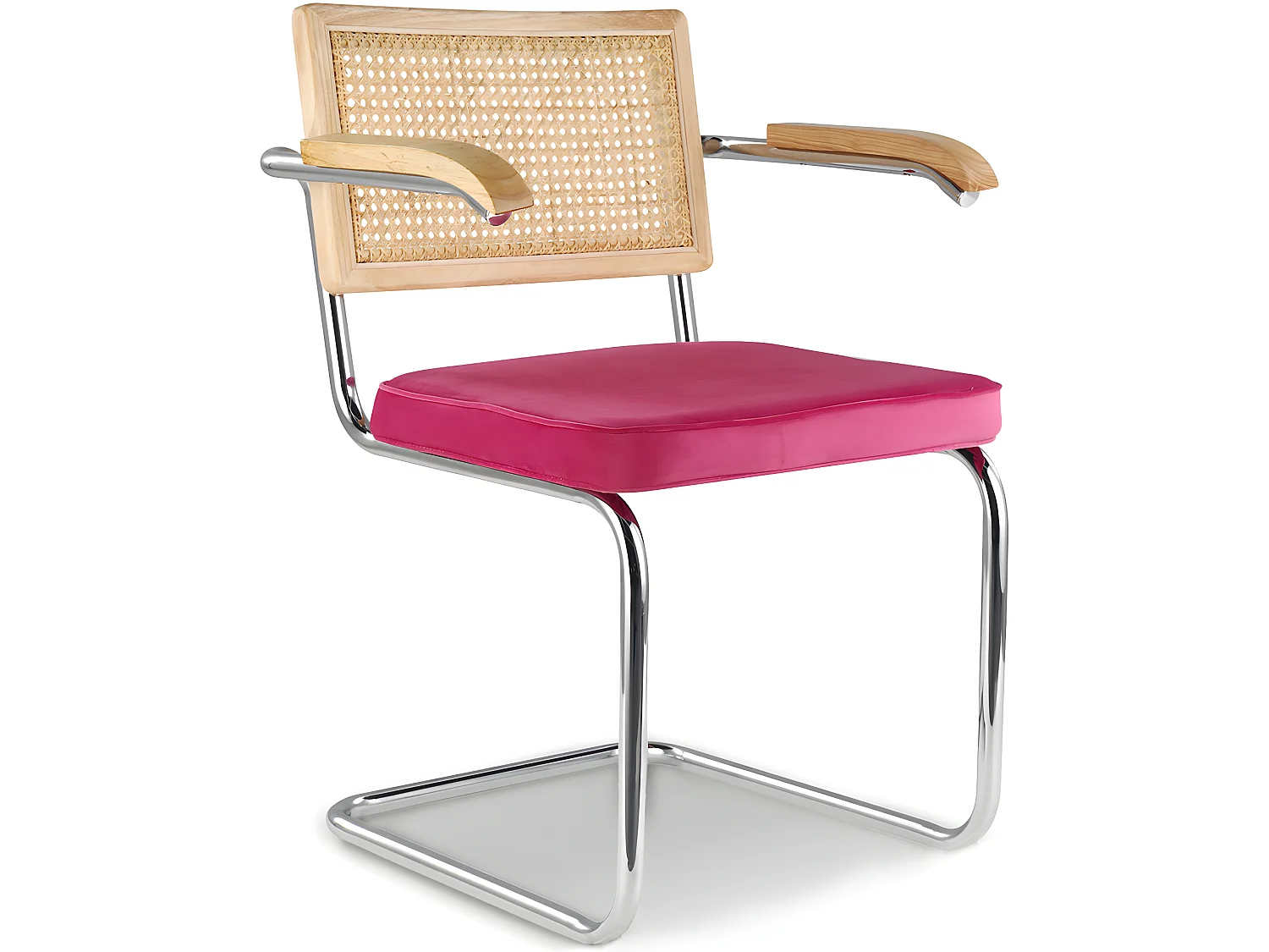 Chaise de salle à manger avec accoudoirs - Tapisserie en velours - Bois et rotin - Martha Fuchsia