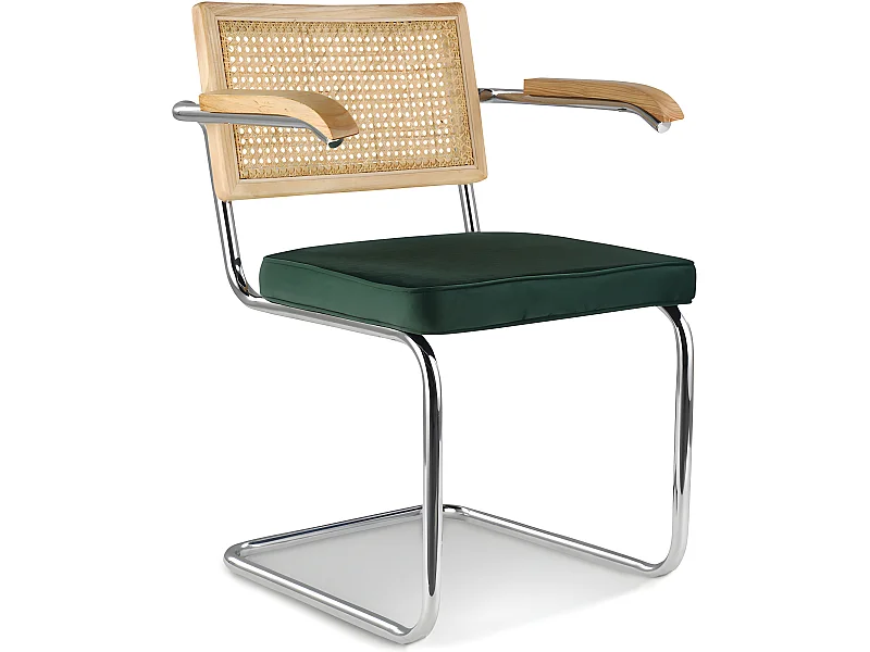 Silla de Comedor con reposabrazos - Tapizada en Terciopelo - Madera y Ratán - Martha