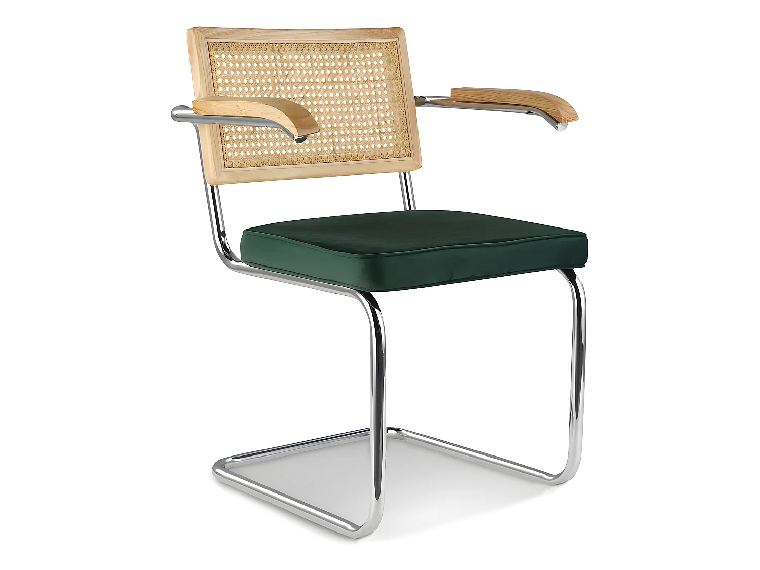 Chaise de salle à manger avec accoudoirs - Tapisserie en velours - Bois et rotin - Martha Vert foncé