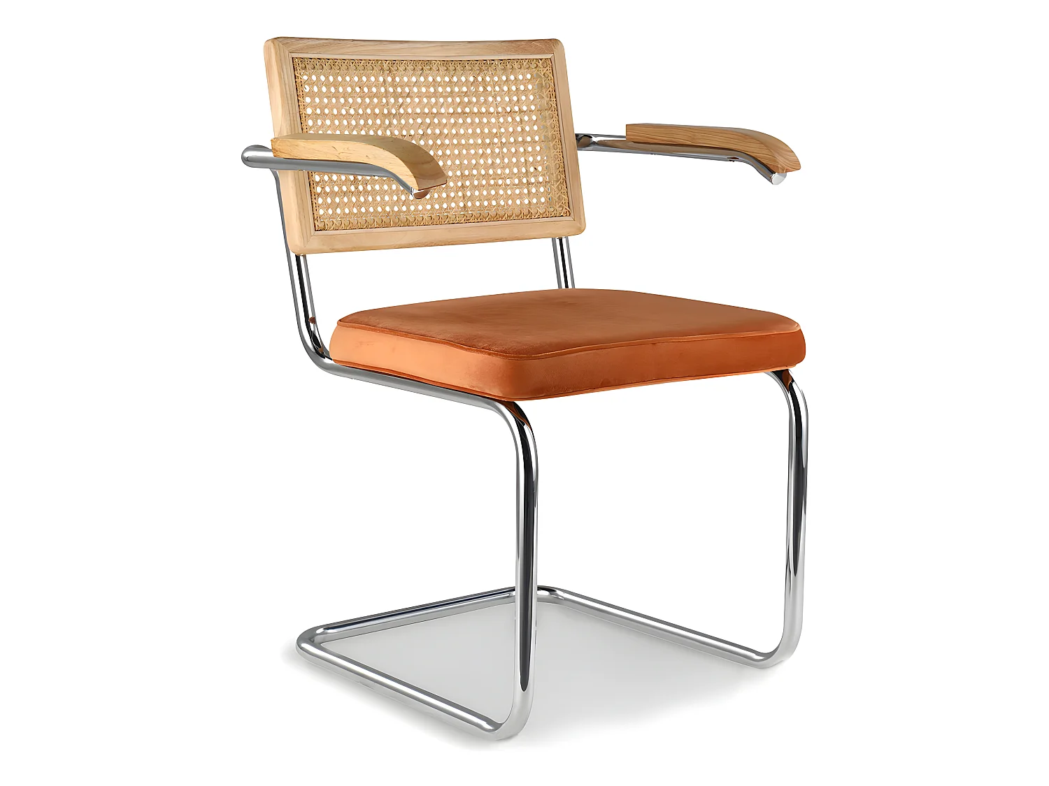 Chaise de salle à manger avec accoudoirs - Tapisserie en velours - Bois et rotin - Martha Orange rougeâtre