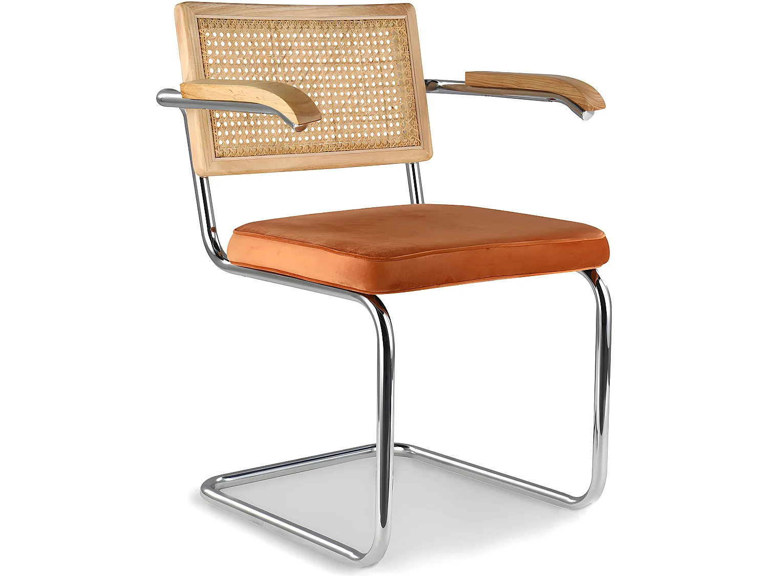 Chaise de salle à manger avec accoudoirs - Tapisserie en velours - Bois et rotin - Martha Orange rougeâtre