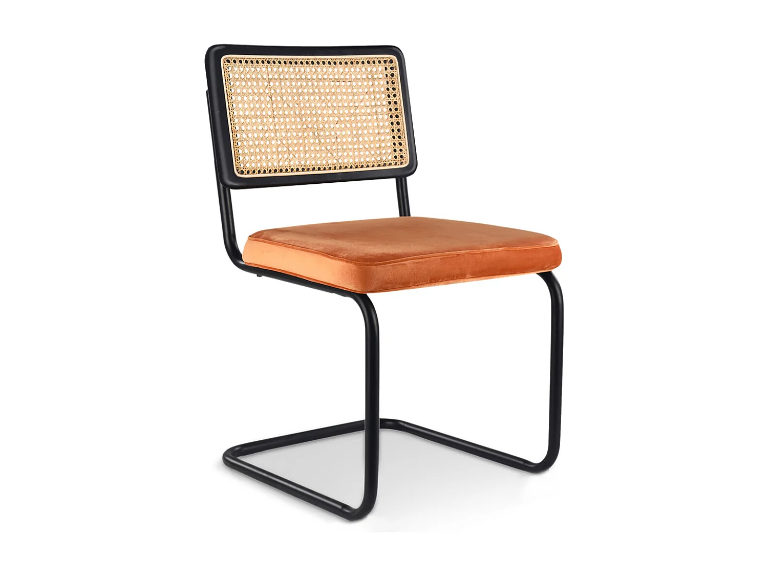 Chaise de salle à manger - tapissée en velours - Bois et rotin - Puila Orange rougeâtre