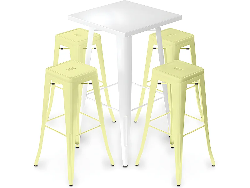 Packung Weißer Hockertisch und Packung mit 4 Barhockern - Industriedesign - Metall - Neuauflage - Bistrot Stylix