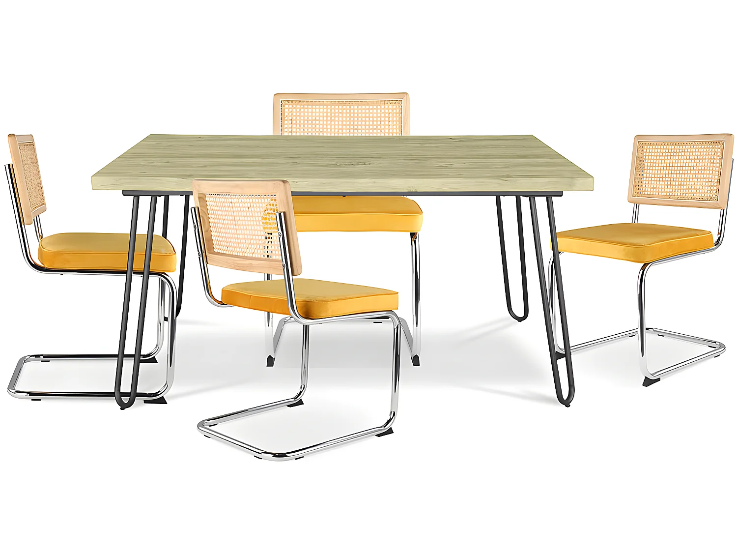 Confezione Tavolo da pranzo di design industriale 120cm e 4 sedie da pranzo in rattan - Rivestimento in velluto - Martha