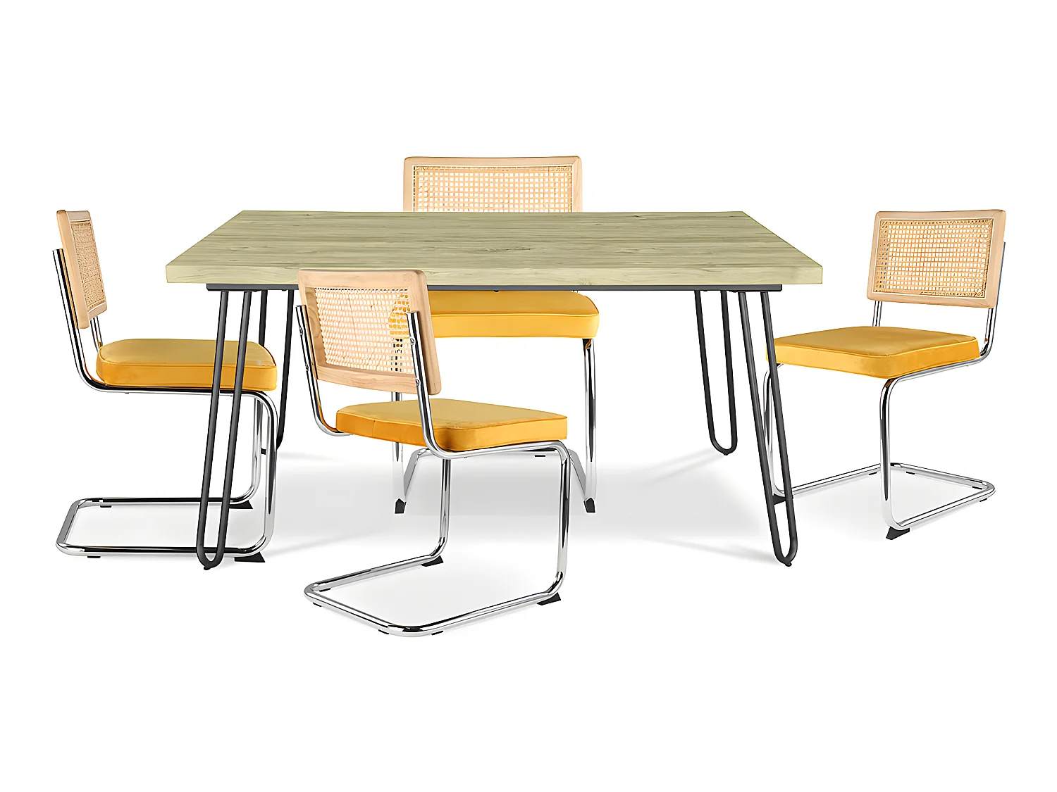 Confezione Tavolo da pranzo di design industriale 120cm e 4 sedie da pranzo in rattan - Rivestimento in velluto - Martha