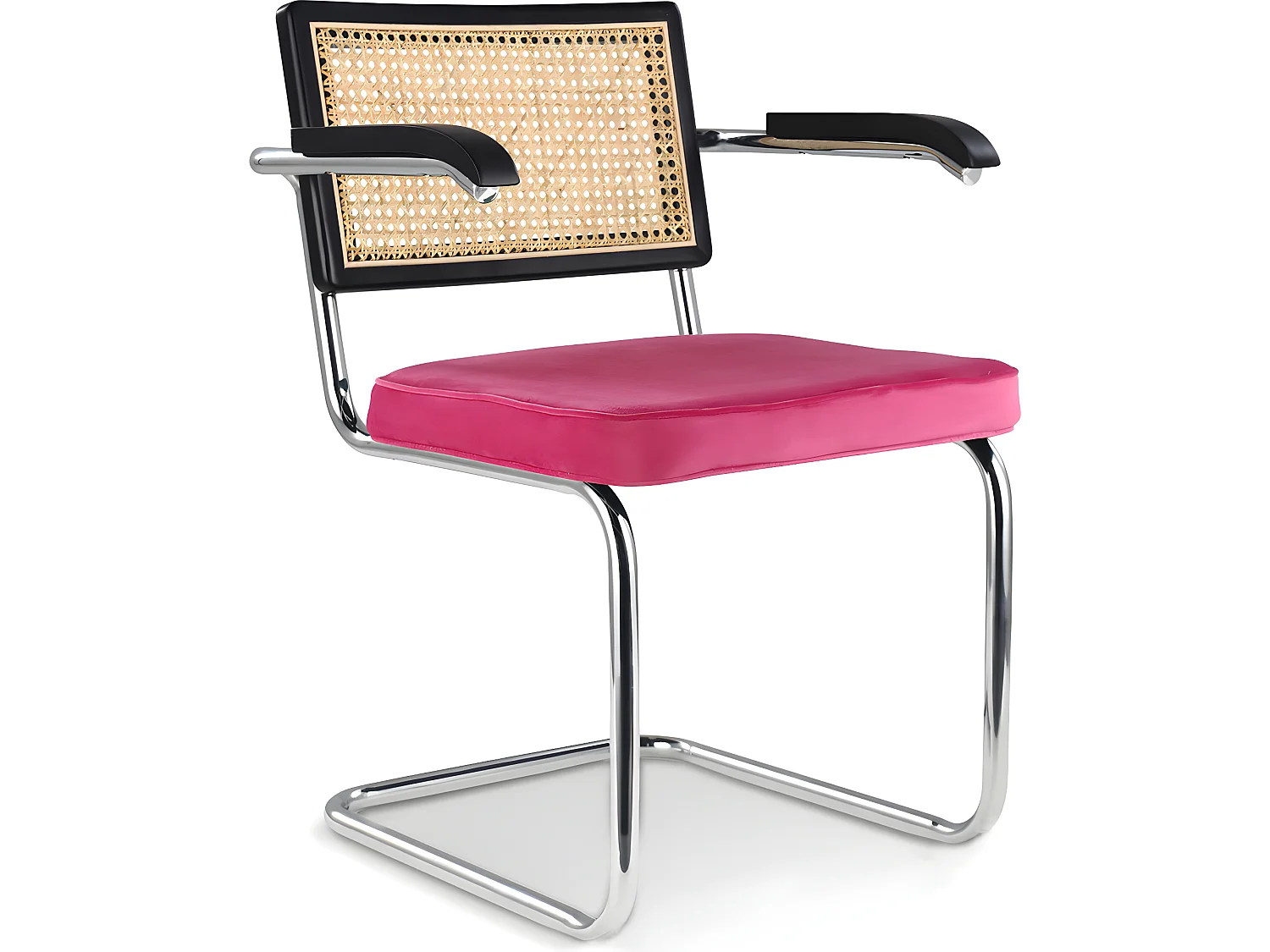 Chaise de salle à manger avec accoudoirs - Tapisserie en velours - Bois et rotin - Hyre Fuchsia