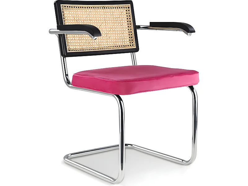 Silla de Comedor con Reposabrazos - Tapizado en Terciopelo - Madera y Ratán - Hyre