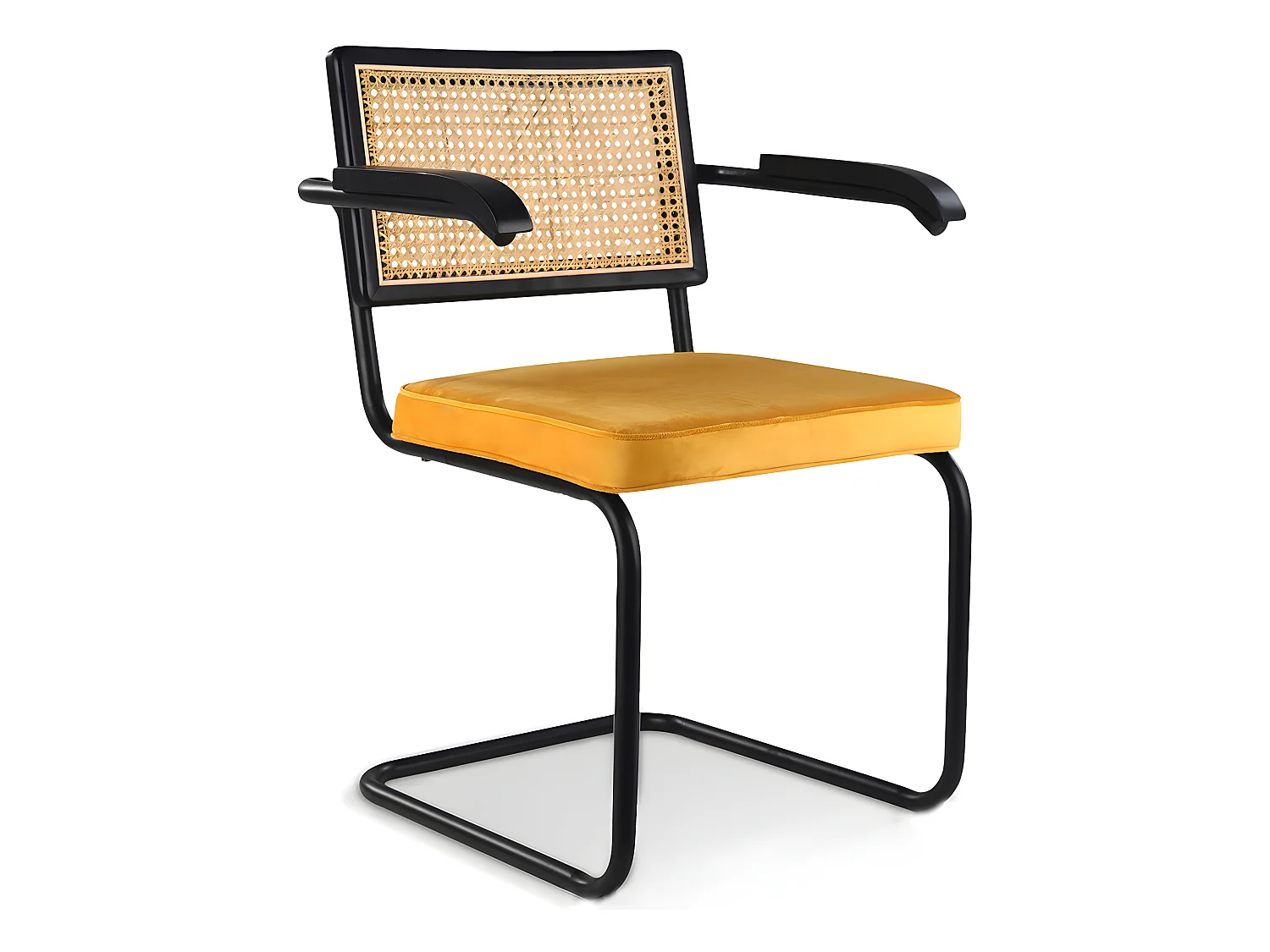 Chaise de salle à manger avec accoudoirs - tapissée de velours - bois et rotin - Puila Moutarde