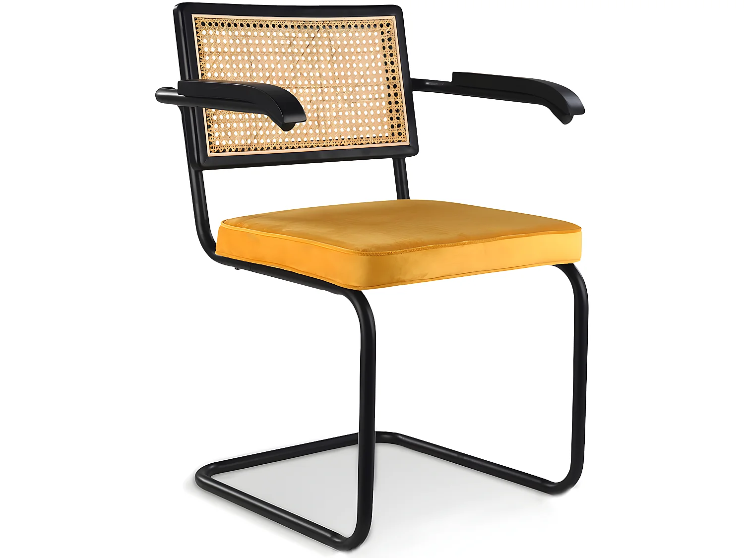 Silla de Comedor con reposabrazos - Tapizada en Terciopelo - Madera y Ratán - Puila